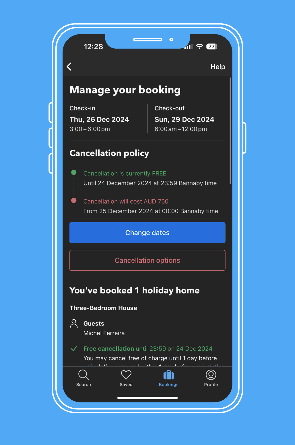 Booking.com cancellation policy screen on a phone mockup